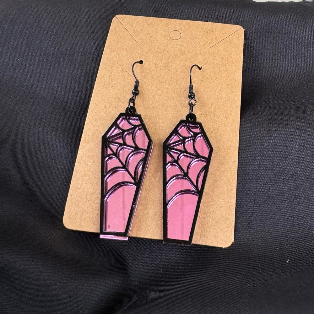 Pink Coffin Fashion Earrings With Spiderweb